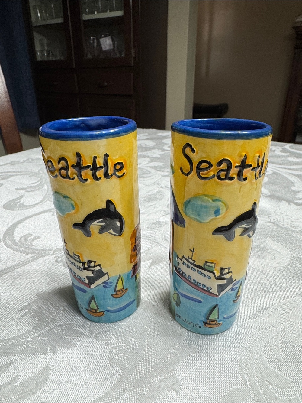 (2) Vtg. 1990s Tall Seattle Washington souvenir shot glasses. 4” tall